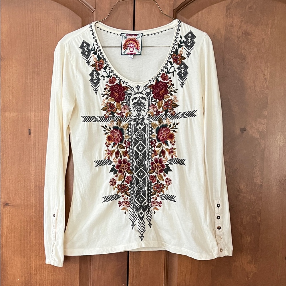 Johnny Was Cream Blouse with Red and Black Embroidery